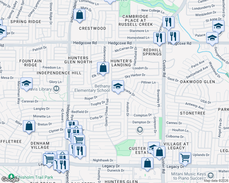 map of restaurants, bars, coffee shops, grocery stores, and more near 2418 Micarta Drive in Plano