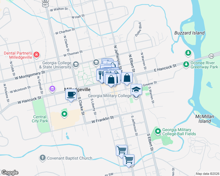 map of restaurants, bars, coffee shops, grocery stores, and more near 108 W Hancock St in Milledgeville