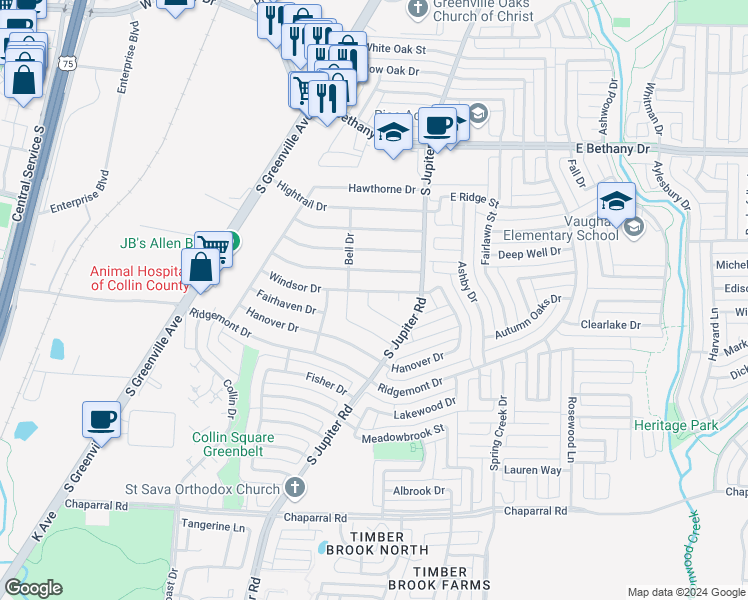 map of restaurants, bars, coffee shops, grocery stores, and more near 1003 Harrison Drive in Allen