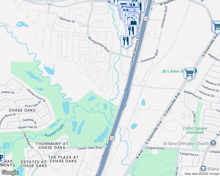 map of restaurants, bars, coffee shops, grocery stores, and more near 1064 Miller Road in Allen