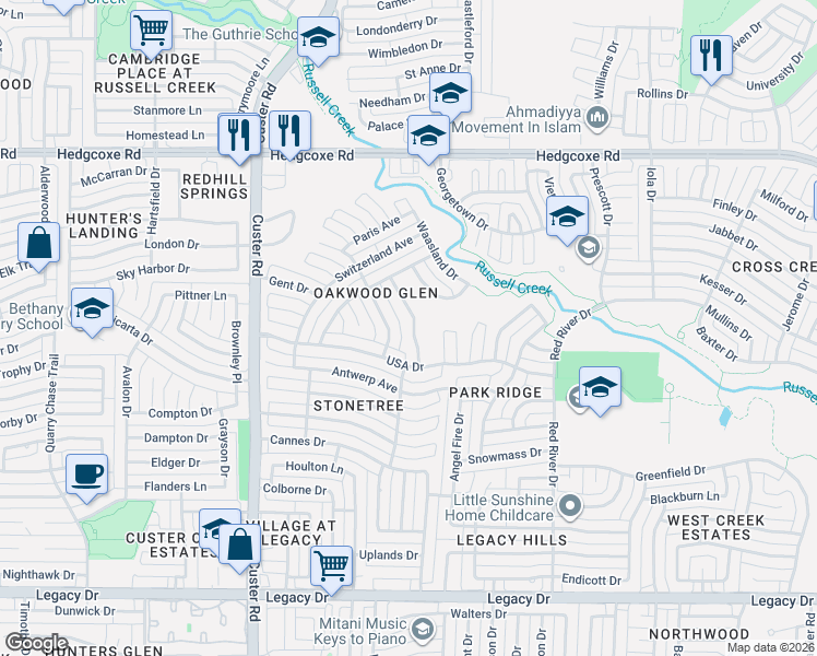 map of restaurants, bars, coffee shops, grocery stores, and more near 7600 England Drive in Plano