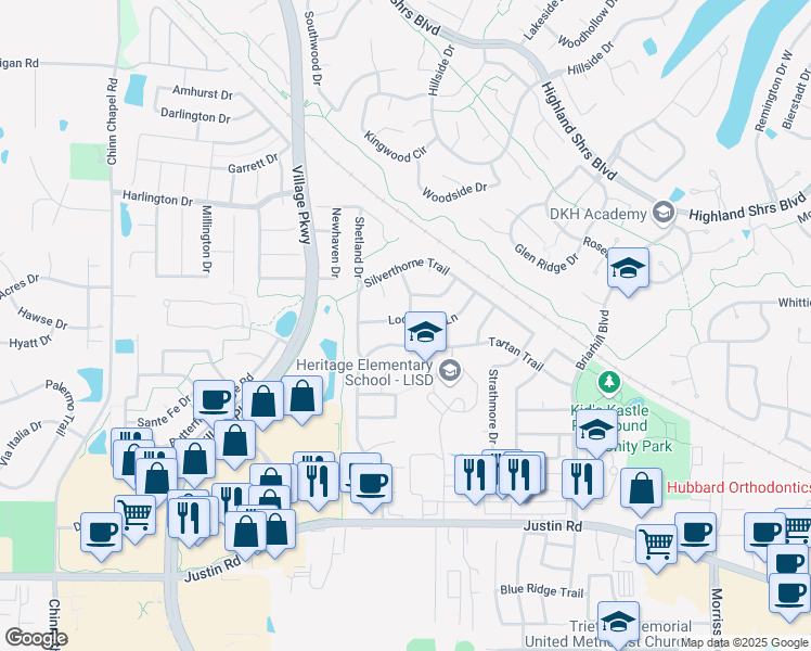 map of restaurants, bars, coffee shops, grocery stores, and more near 905 Lochmoor Lane in Lewisville