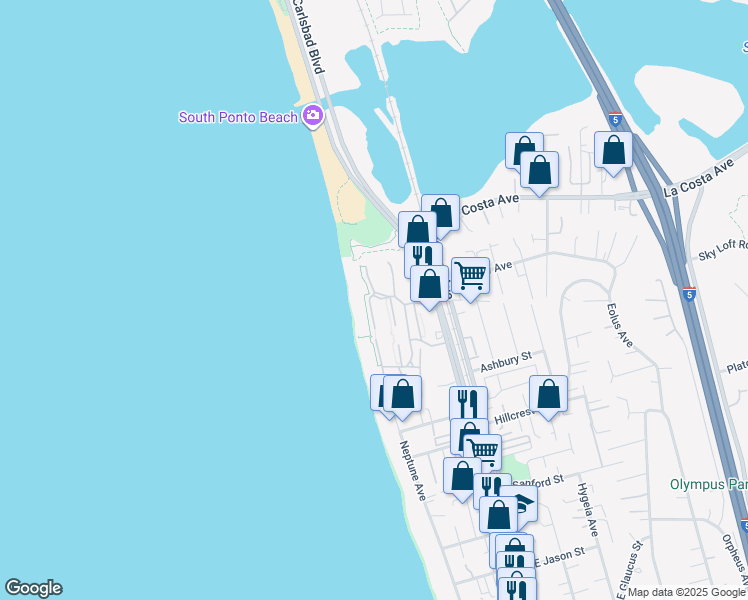 map of restaurants, bars, coffee shops, grocery stores, and more near 1835 Parliament Road in Encinitas