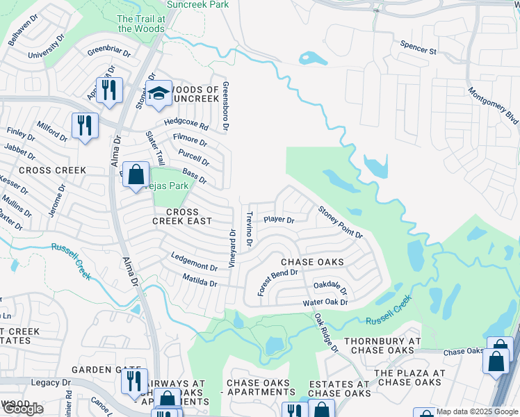 map of restaurants, bars, coffee shops, grocery stores, and more near 757 Nicklaus Drive in Plano