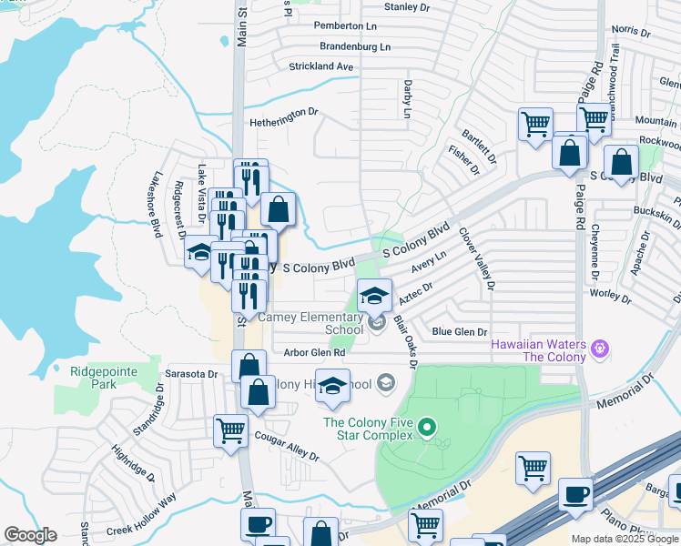 map of restaurants, bars, coffee shops, grocery stores, and more near 4921 South Colony Boulevard in Lewisville