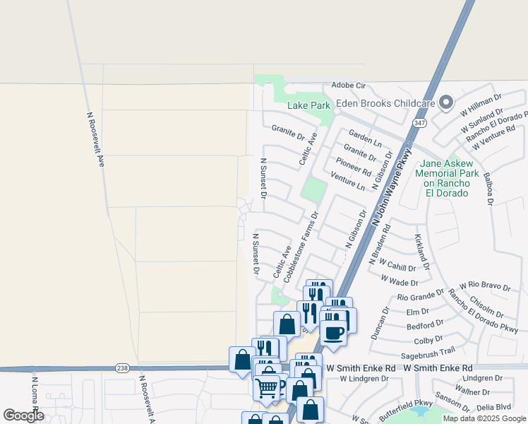 map of restaurants, bars, coffee shops, grocery stores, and more near 21918 North Sunset Drive in Maricopa