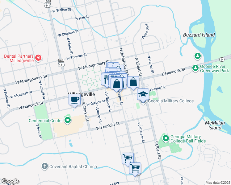 map of restaurants, bars, coffee shops, grocery stores, and more near 108 W Hancock St in Milledgeville