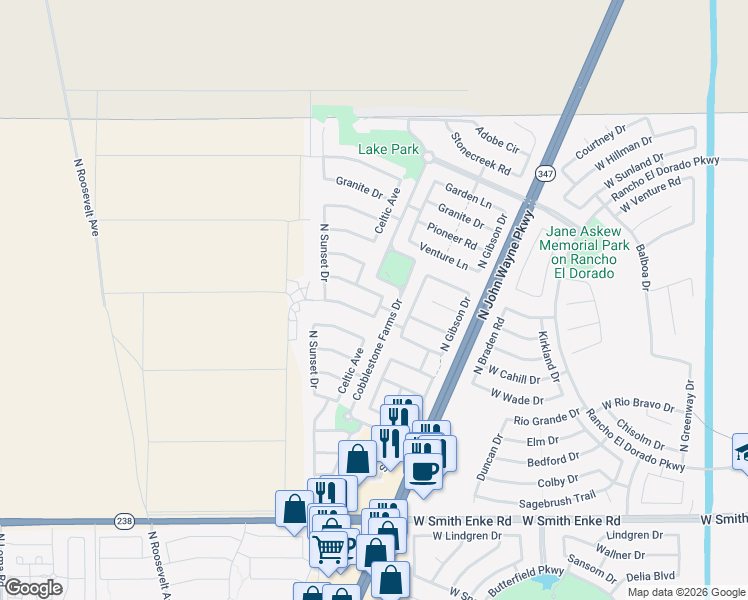 map of restaurants, bars, coffee shops, grocery stores, and more near 44492 Copper Trail in Maricopa