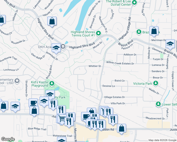 map of restaurants, bars, coffee shops, grocery stores, and more near 313 Whittier Street in Highland Village