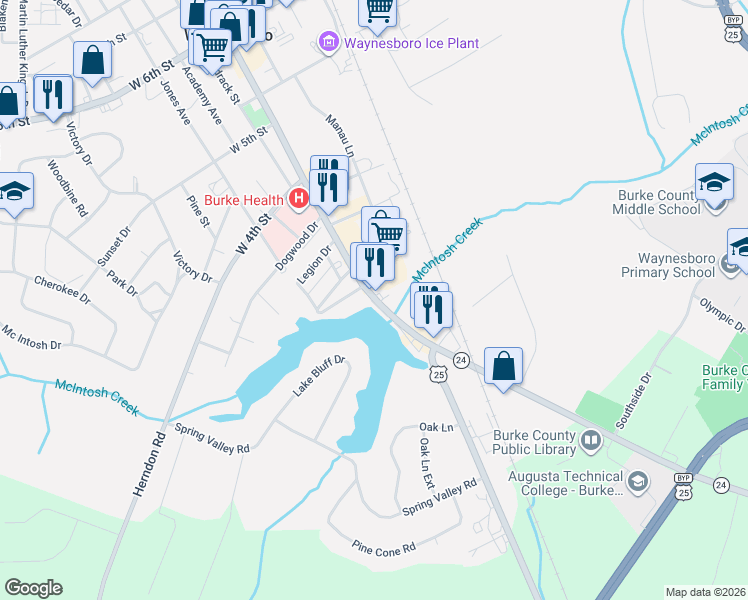 map of restaurants, bars, coffee shops, grocery stores, and more near 255 S Liberty St in Waynesboro