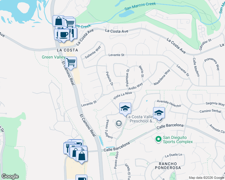 map of restaurants, bars, coffee shops, grocery stores, and more near 7745 Palacio Drive in Carlsbad