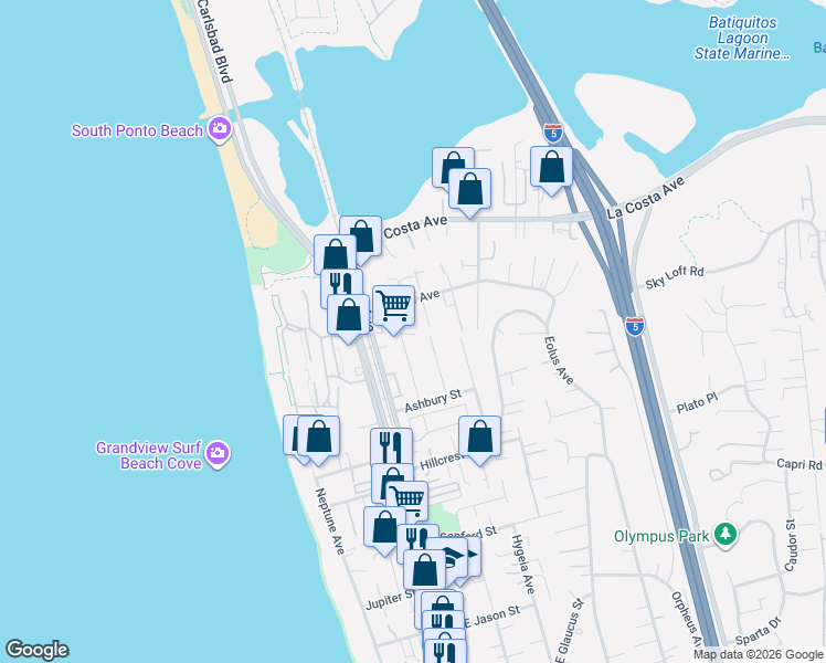 map of restaurants, bars, coffee shops, grocery stores, and more near 157 Andrew Avenue in Encinitas