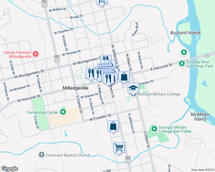 map of restaurants, bars, coffee shops, grocery stores, and more near 108 W Hancock St in Milledgeville