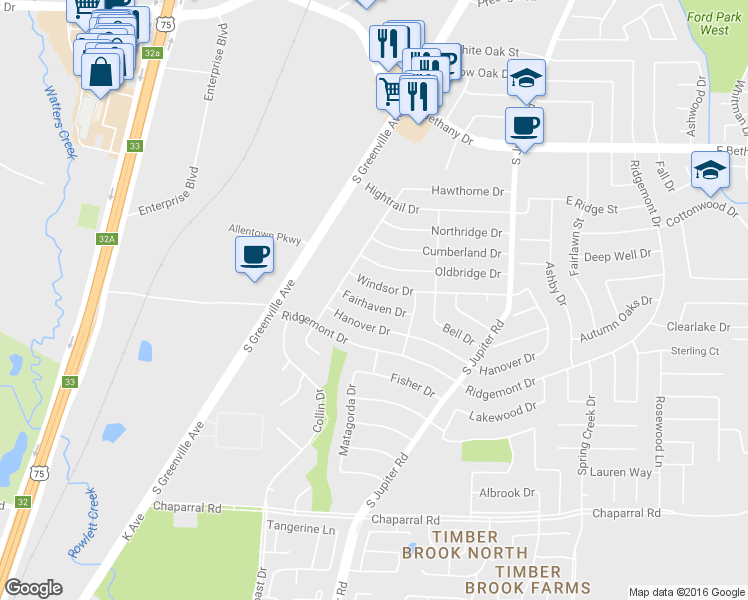 map of restaurants, bars, coffee shops, grocery stores, and more near 519 Windsor Drive in Allen
