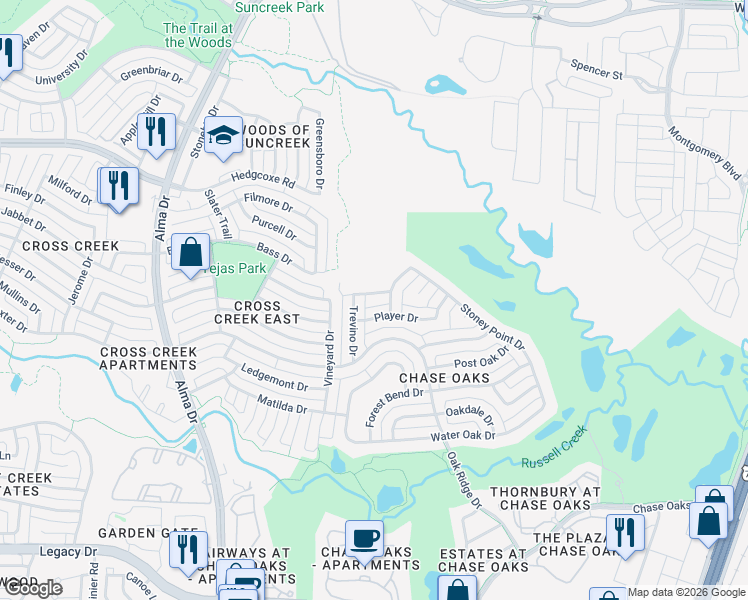 map of restaurants, bars, coffee shops, grocery stores, and more near 757 Nicklaus Drive in Plano