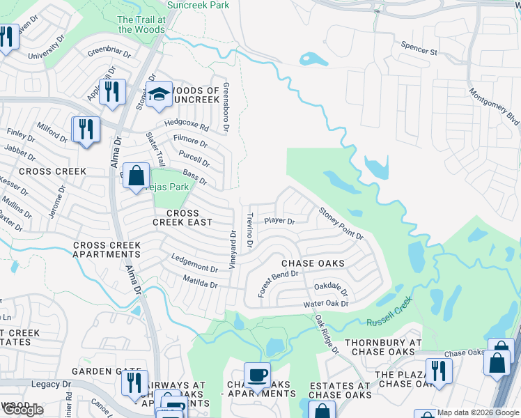 map of restaurants, bars, coffee shops, grocery stores, and more near 757 Nicklaus Drive in Plano