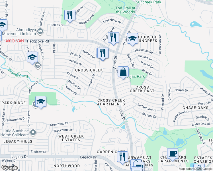 map of restaurants, bars, coffee shops, grocery stores, and more near 1212 Jabbet Circle in Plano