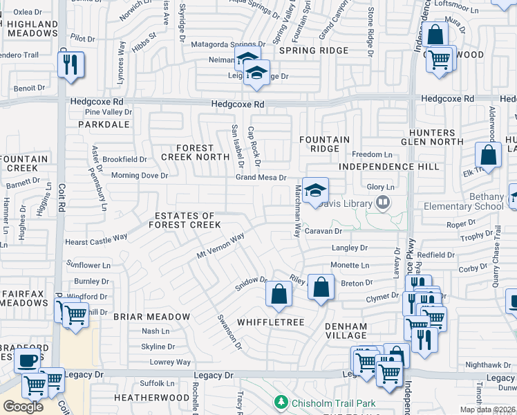 map of restaurants, bars, coffee shops, grocery stores, and more near 7612 Madewood Lane in Plano