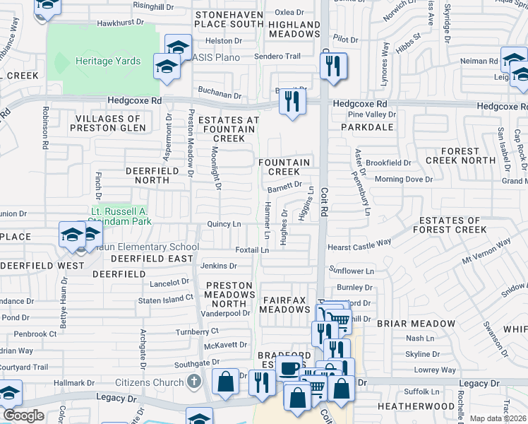map of restaurants, bars, coffee shops, grocery stores, and more near 7605 Hamner Lane in Plano