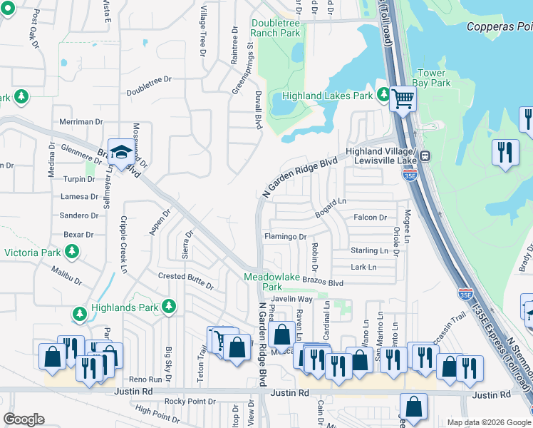 map of restaurants, bars, coffee shops, grocery stores, and more near 1417 Primrose Lane in Lewisville