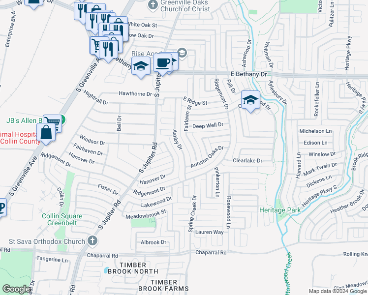 map of restaurants, bars, coffee shops, grocery stores, and more near 1103 Ashby Drive in Allen