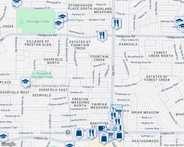 map of restaurants, bars, coffee shops, grocery stores, and more near 7605 Hamner Lane in Plano