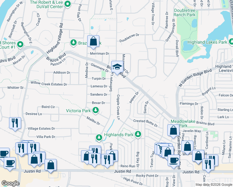 map of restaurants, bars, coffee shops, grocery stores, and more near 1634 Purgatory Pass in Lewisville