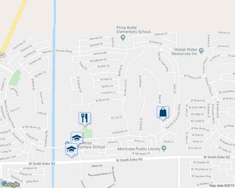 map of restaurants, bars, coffee shops, grocery stores, and more near 42271 Chambers Drive in Maricopa