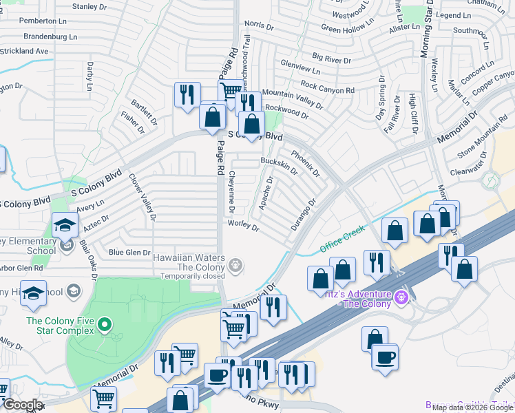 map of restaurants, bars, coffee shops, grocery stores, and more near 6025 Apache Drive in The Colony