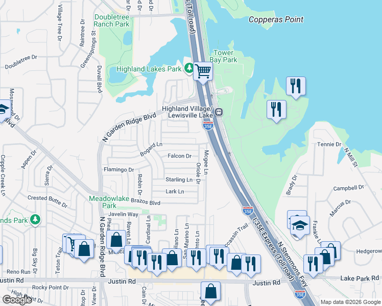 map of restaurants, bars, coffee shops, grocery stores, and more near 1320 Bogard Lane in Lewisville