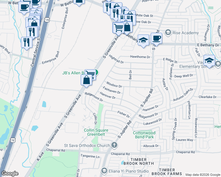 map of restaurants, bars, coffee shops, grocery stores, and more near 519 Windsor Drive in Allen