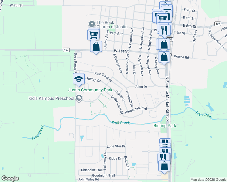 map of restaurants, bars, coffee shops, grocery stores, and more near 246 Hilltop Drive in Justin