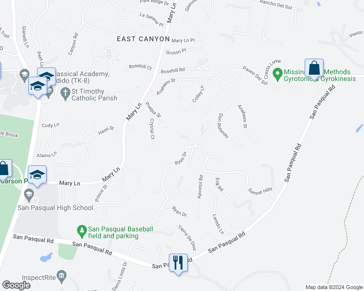 map of restaurants, bars, coffee shops, grocery stores, and more near 3143 Ryan Drive in Escondido