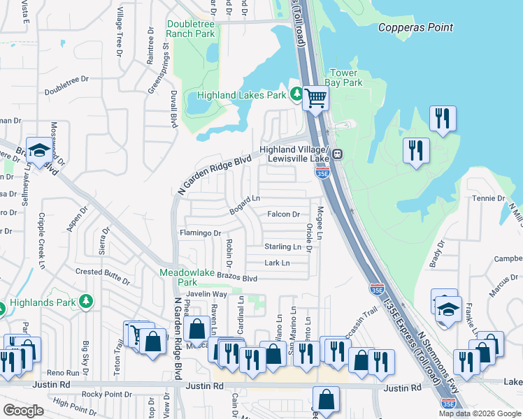 map of restaurants, bars, coffee shops, grocery stores, and more near 1332 Bogard Lane in Lewisville