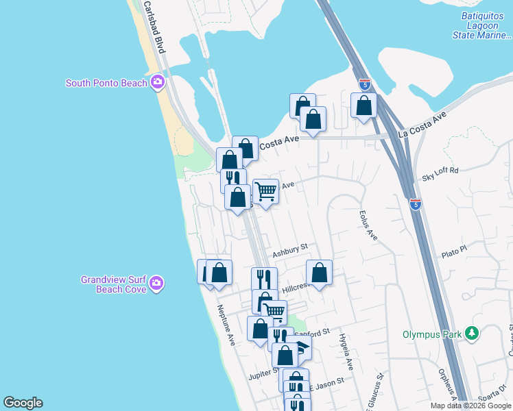 map of restaurants, bars, coffee shops, grocery stores, and more near 157 Andrew Avenue in Encinitas