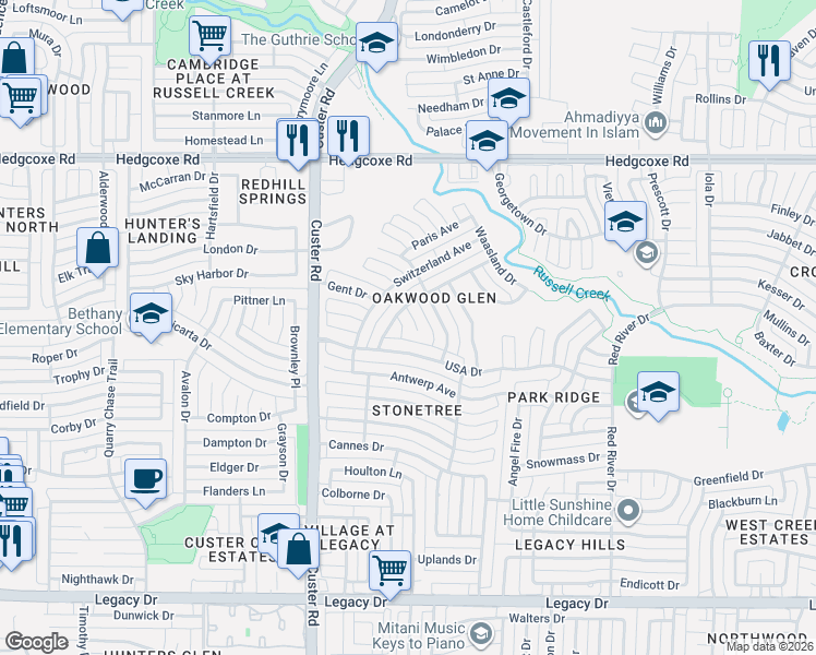 map of restaurants, bars, coffee shops, grocery stores, and more near 2025 Belgium Drive in Plano