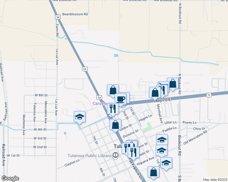 map of restaurants, bars, coffee shops, grocery stores, and more near 1507-1509 North Fairview Road in Tularosa