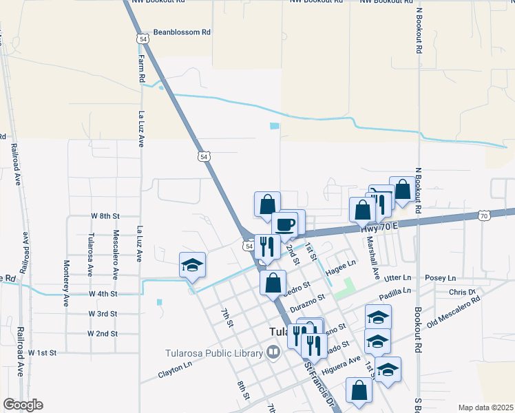 map of restaurants, bars, coffee shops, grocery stores, and more near 1507-1509 North Fairview Road in Tularosa