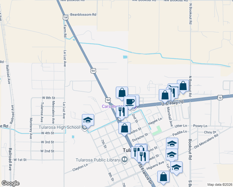 map of restaurants, bars, coffee shops, grocery stores, and more near 1513 North Fairview Road in Tularosa