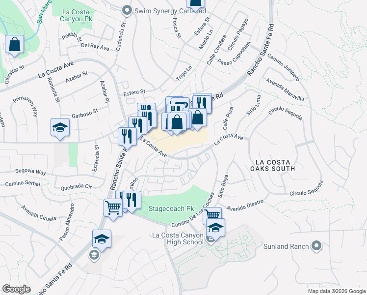 map of restaurants, bars, coffee shops, grocery stores, and more near 3439 Via Montebello in Carlsbad