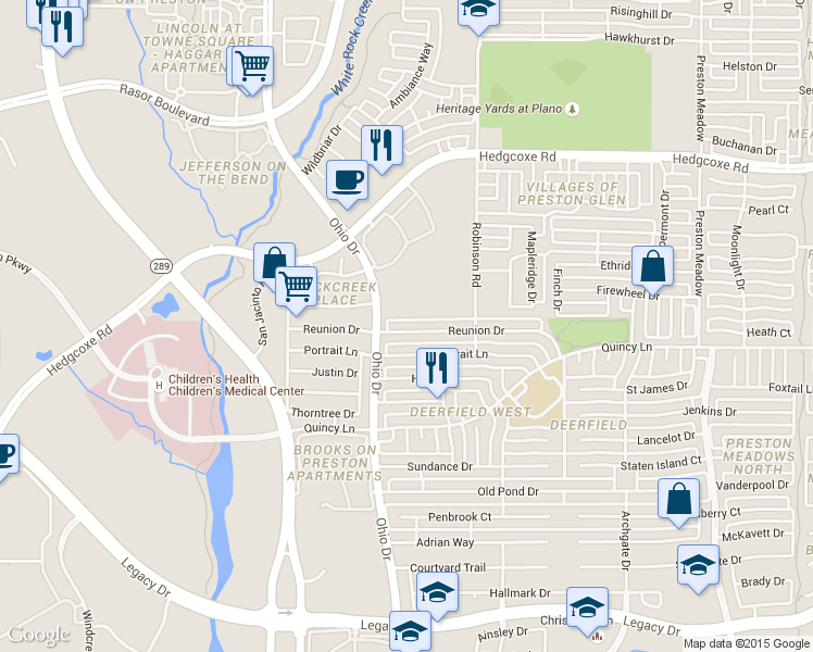 map of restaurants, bars, coffee shops, grocery stores, and more near 4681 Reunion Drive in Plano