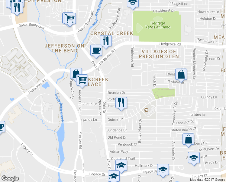 map of restaurants, bars, coffee shops, grocery stores, and more near 4681 Reunion Drive in Plano