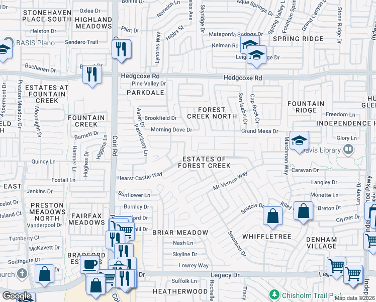 map of restaurants, bars, coffee shops, grocery stores, and more near 7609 Twelve Oaks Circle in Plano