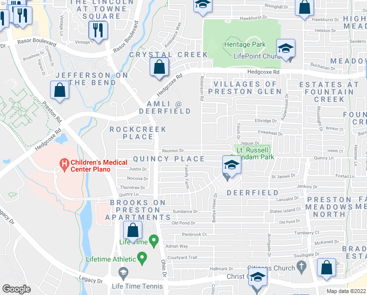 map of restaurants, bars, coffee shops, grocery stores, and more near 4653 Reunion Drive in Plano