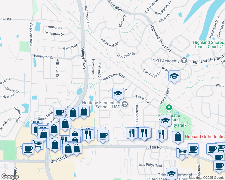 map of restaurants, bars, coffee shops, grocery stores, and more near 905 Lochmoor Lane in Lewisville