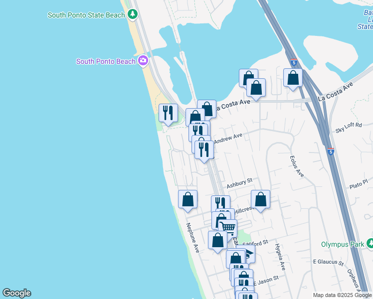 map of restaurants, bars, coffee shops, grocery stores, and more near 1837 Haymarket Road in Encinitas