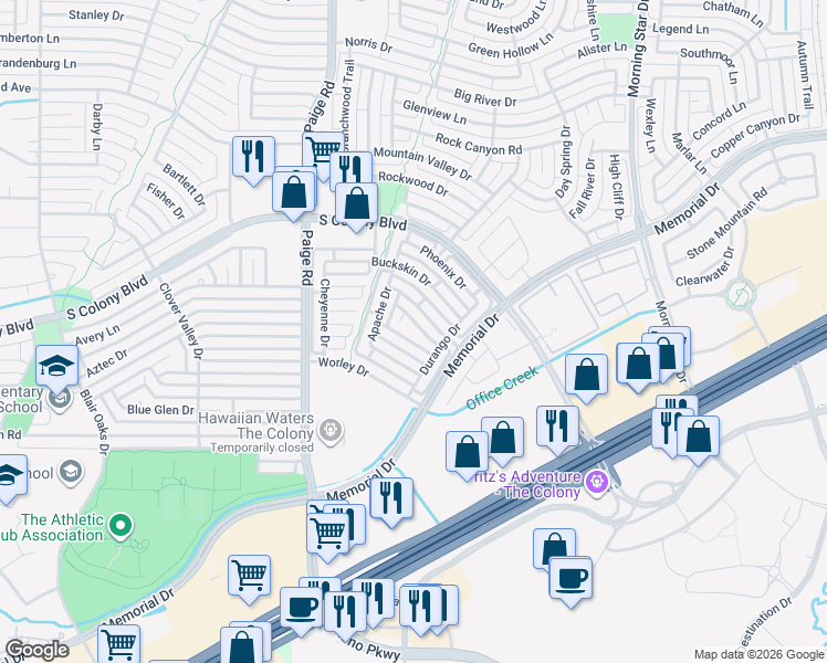 map of restaurants, bars, coffee shops, grocery stores, and more near 5512 Longhorn Drive in The Colony