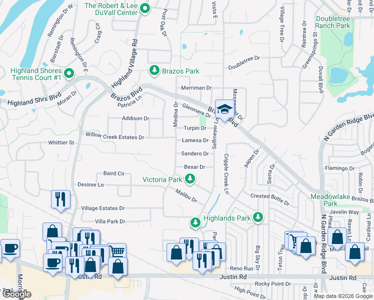 map of restaurants, bars, coffee shops, grocery stores, and more near 214 Lamesa Drive in Highland Village
