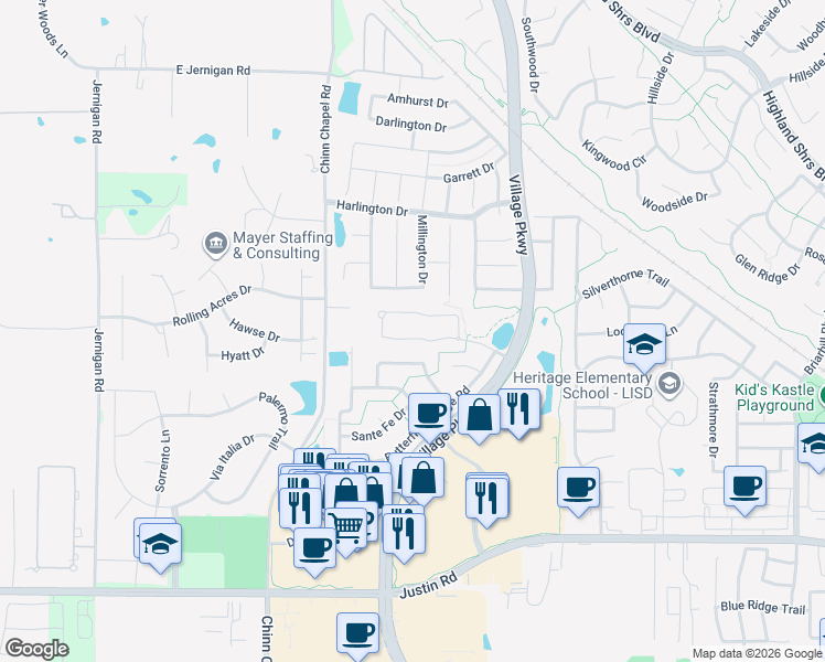 map of restaurants, bars, coffee shops, grocery stores, and more near 5015 Manchester Road in Highland Village