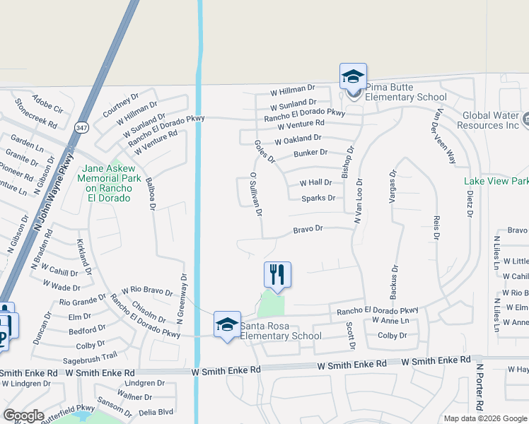 map of restaurants, bars, coffee shops, grocery stores, and more near 22115 O' Sullivan Drive in Maricopa